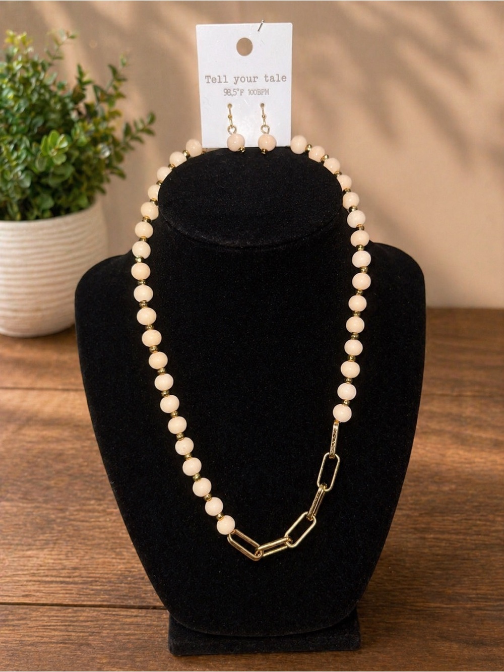 Tell Your Tale Cream Bead Necklace with Gold Link Accent